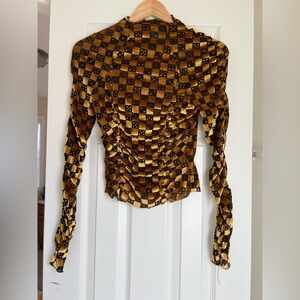 Urban Outfitters Gold and Black Check Ruched Long-Sleeve Blouse